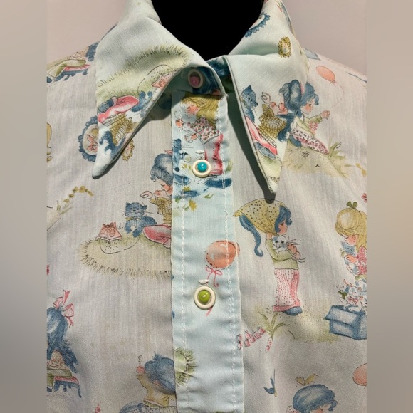 UNBRANDED Vintage 70s Blue S/S Wide Collar Holly Hobby Like Rockabilly Shirt M - Picture 5 of 5